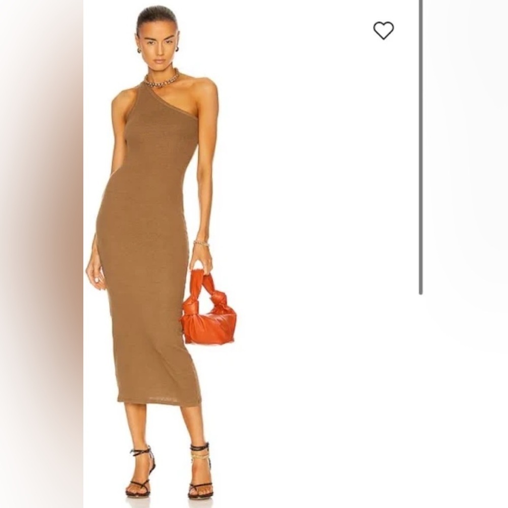 Enza Costa XS Ribbed One Shoulder Midi Dress Brown Bodycon Minimalist Luxe